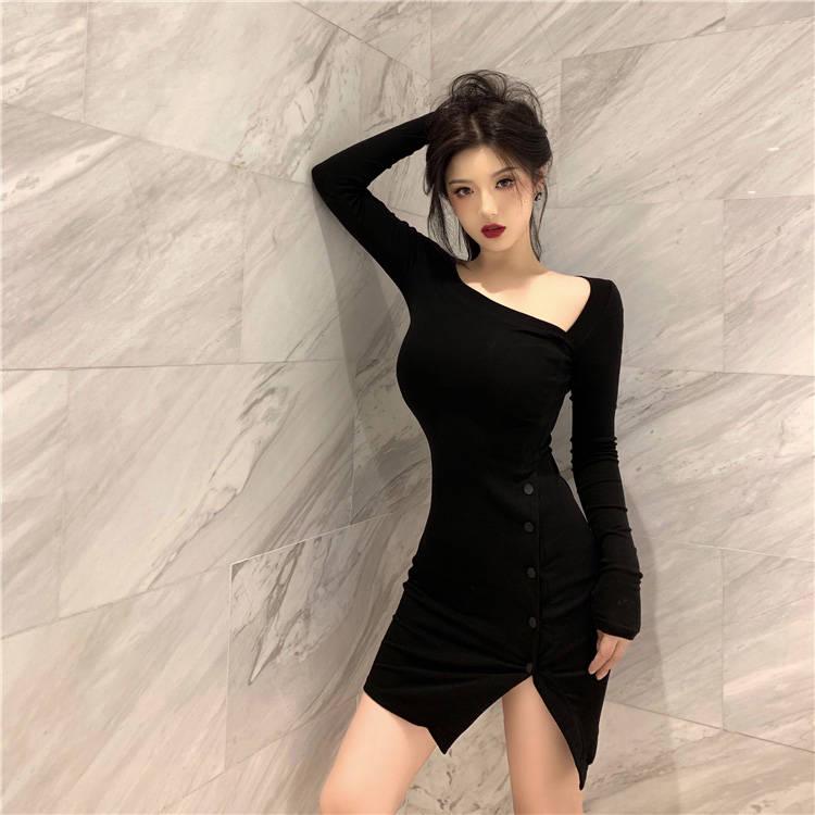 Sexy Oblique Shoulder Irregular Waist Slimming Split Split Dress Female Net Red Envelope Hip Skirt