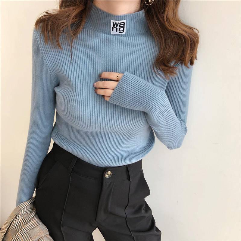Slim Shirt Half-Turtleneck Elastic Tops Long Sleeve Short Sweater Female Casual Base Sweater