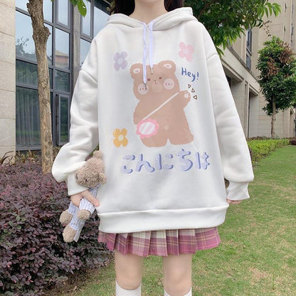 Anime Sweatshirt Japan Cartoon Hooded Tops Oversized Streetwear Harajuku White Long Pullovers Hoodies Plus Size Loose Thick Fleece Fall Winter Hoodies