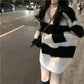 Pofulove Striped V-neck Long-sleeved Sweater Women's Hedging Loose Mid-length Coat Autumn Winter