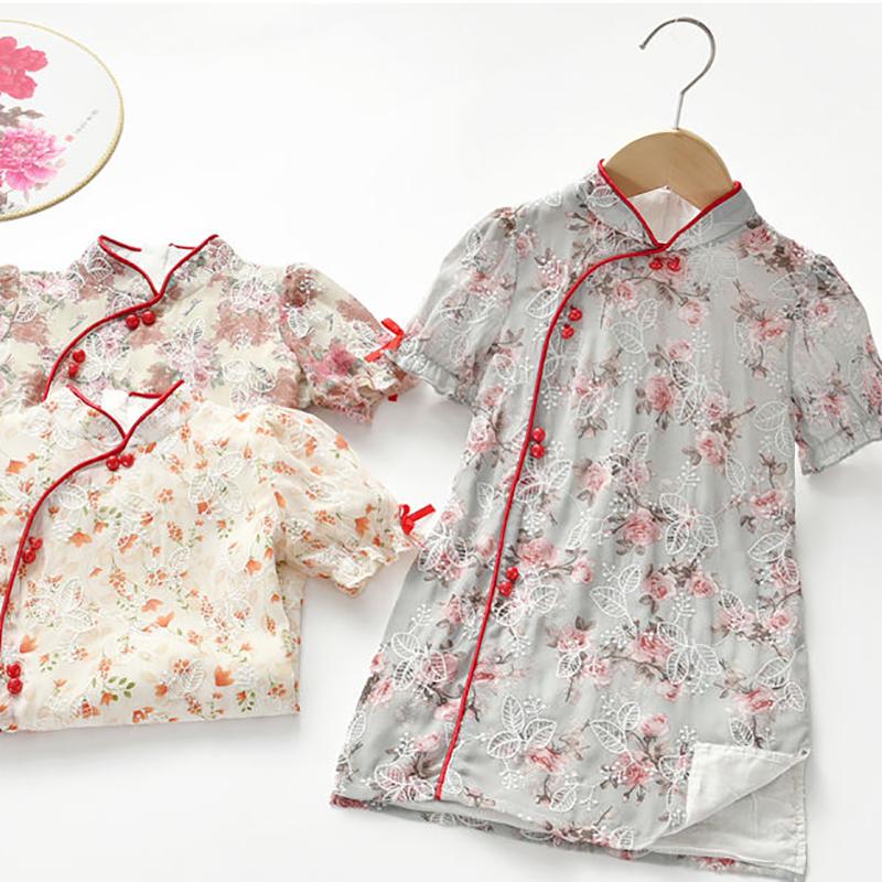 Children's Girls Skirt Summer Dress Little Girl Dress Chinese Style Classical Chiffon Floral Embroidery Cheongsam Skirt