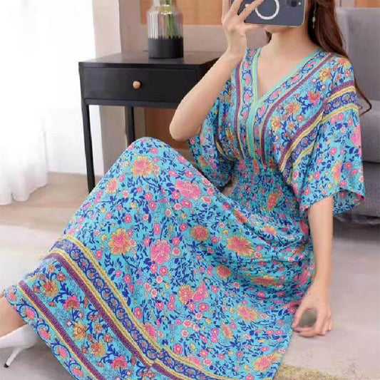 Cotton Silk Dress Mid Length Beach Dress Large Floral Bohemian Loose Casual Long Dress V-Neck