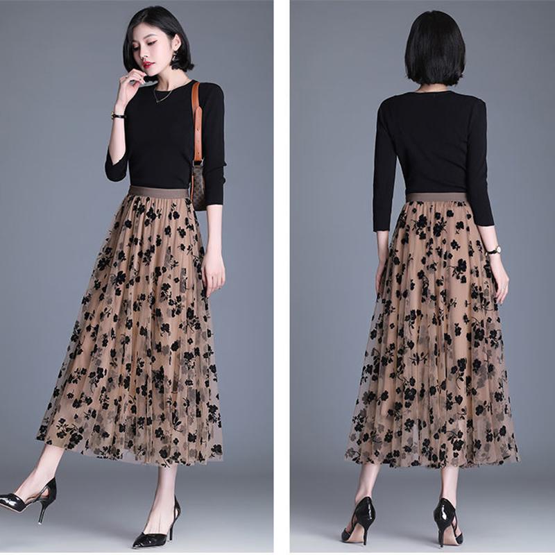 Gauze Skirt Female Floral Fairy Skirt Pleated A-line Skirt Mid-length High Waist Slimming Mesh Skirt Women's Skirt