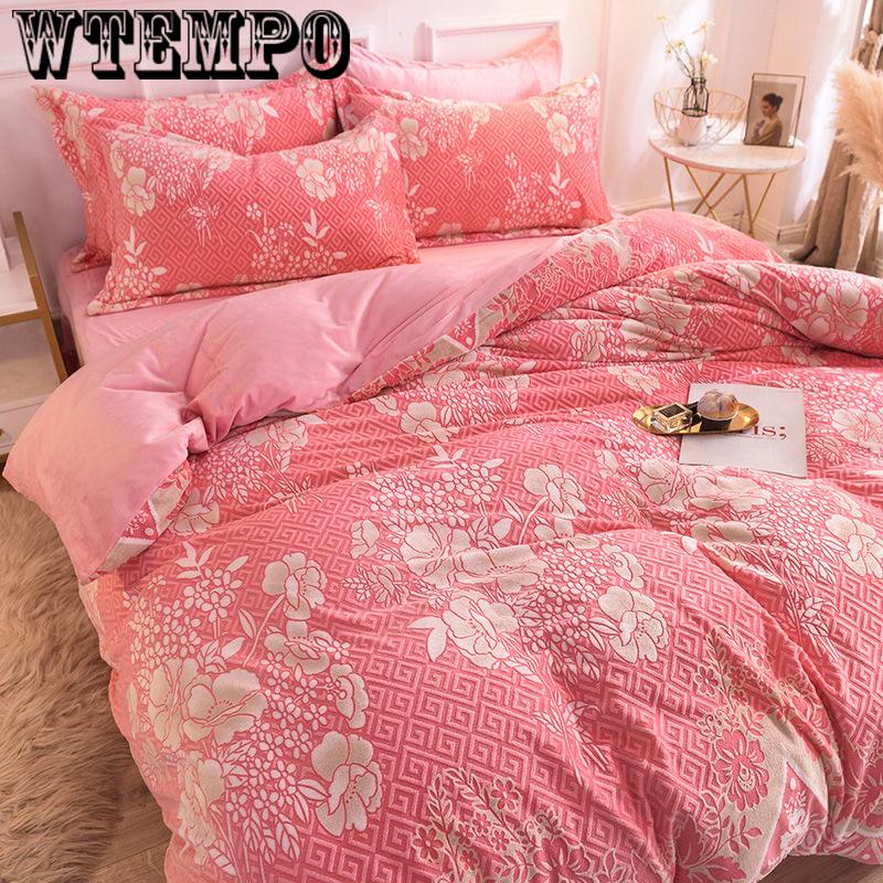 4pcs Winter Romantic Bedding Sets Floral Print Queen/king Size Quilt Cover Thick Warm Bed Sheet +pillowcases