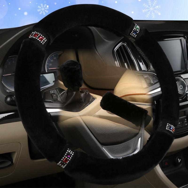 Universal Car Steering Wheel Cover Set 37-38cm Diameter Soft Plush Rhinestone Interior Trim Family Car SUV Pickup Accessories