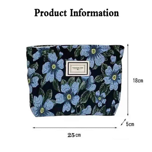 Blue Jacquard Cosmetic Bag Women's Retro Literary Simple and Elegant Flowers Convenient Small Bag