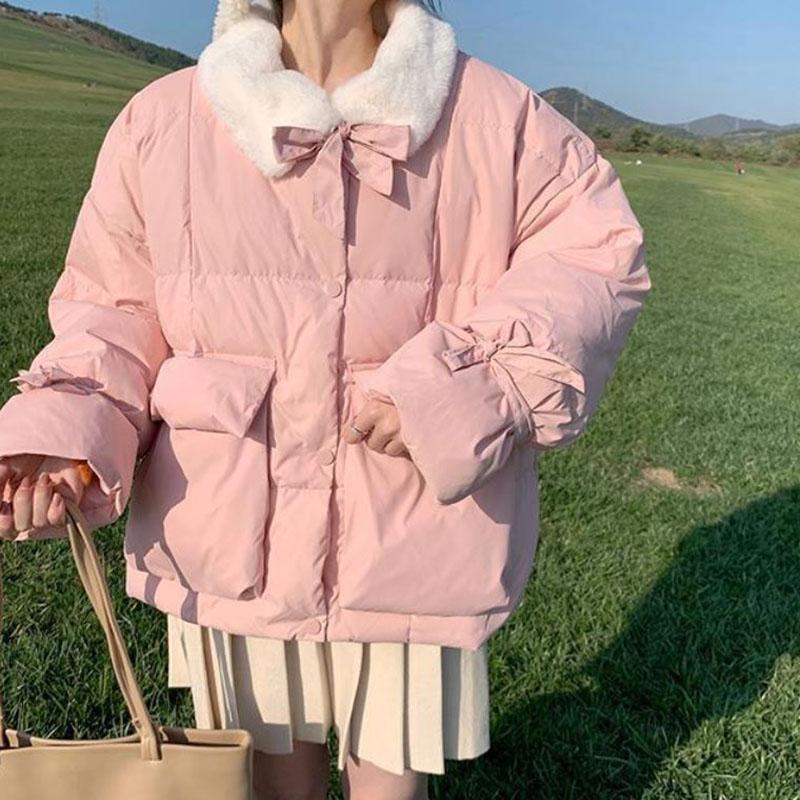 Winter Women's Down Jacket Korean Fashion Bow-knot Stand-up Collar Cotton-padded Jacket Warmth Short Cotton Jacket