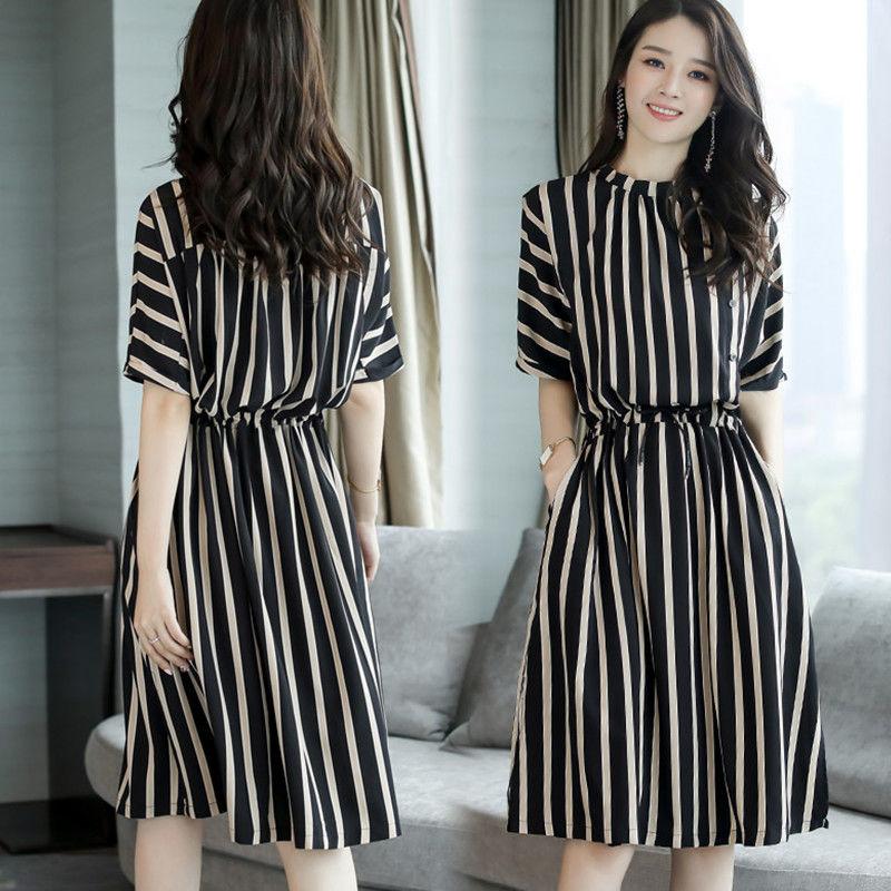 All-match Thin High Waist Skirt Temperament Lady Dress with Pockets In The Long Striped High Waist Dress Thin Elegant Round Neck Retro