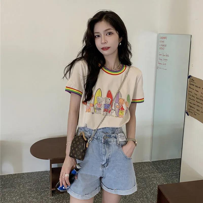 Women's Sweet Round Neck Printed T-Shirt Short Sleeve Summer Loose Top