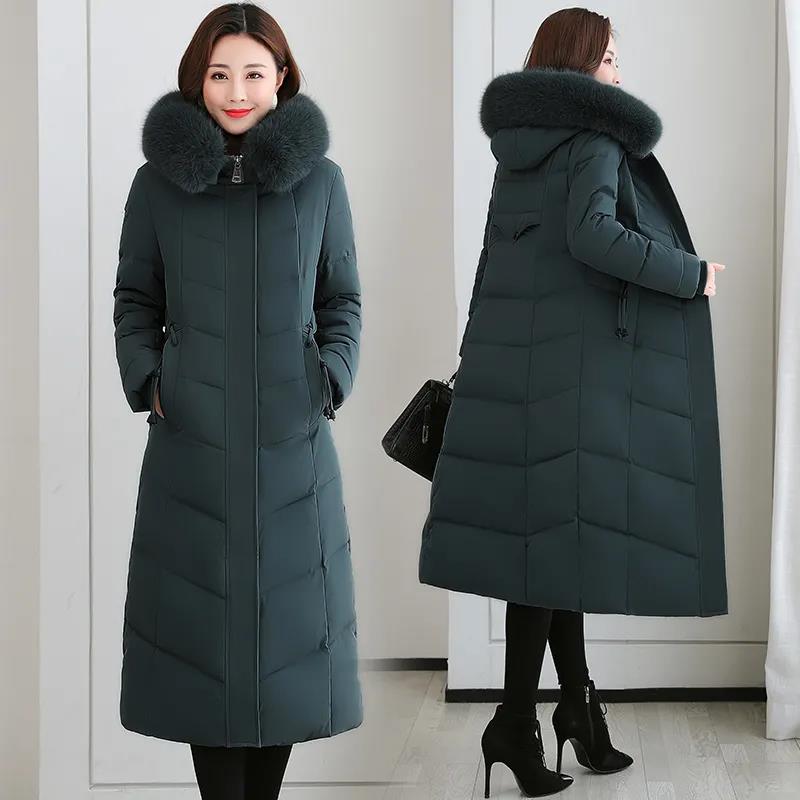 Winter Down Jacket Fashion Solid Color Hooded Parka Coat Thick and Warm Mid-length Down Cotton Jacket for Women