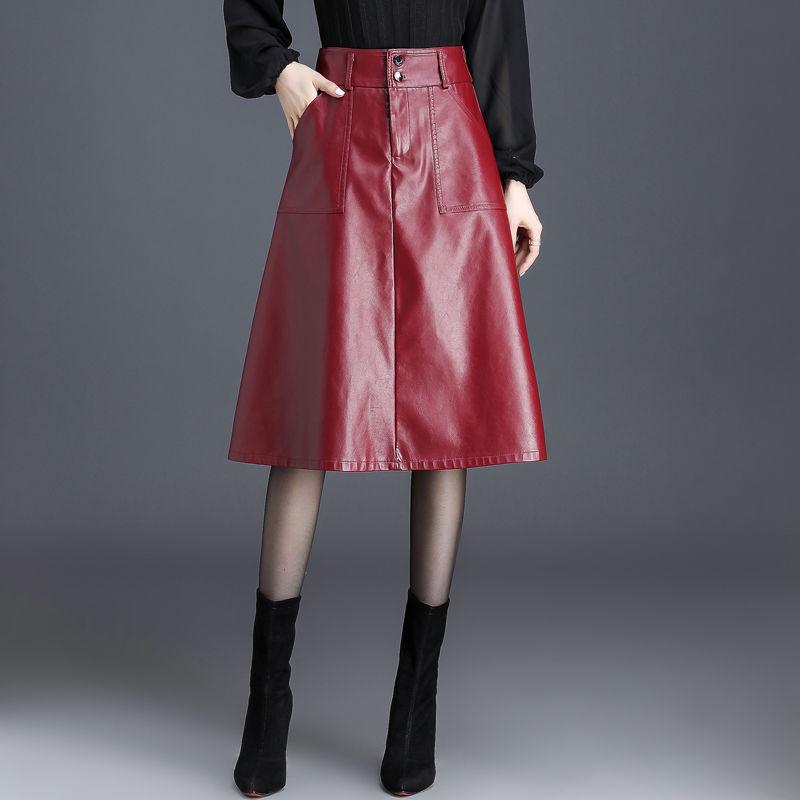 Leather Skirts Women Pleated Elegant Office Midi Skirts Female A Line Ladies Skirt High Waist Skirt