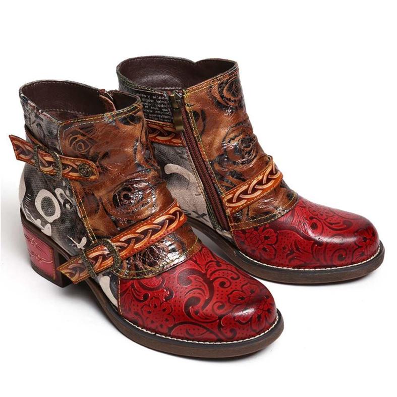 Autumn Winter Women Round Toe Boots Snake Printing Zipper Footwear Ethnic Leather Martin Boots