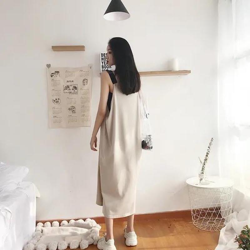 Hip-hop Summer Sexy Girl Suspender Long Skirt Strap Dress Loose Over The Knee L-XXXL Solid Color Sleeveless Straight Dress