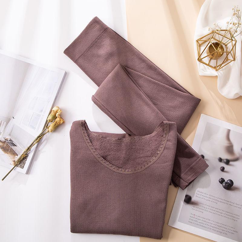 Women Winter Autumn Clothes Thermal Underwear Plus Size O-neck Tops Pants Female Tight Suit Thicken Windproof Soft Lining Long Sleeve High Elasticity