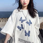 Butterfly Embroidery Letter Printing T-Shirt Solid Cotton Tee Female Casual Short Sleeves Tops