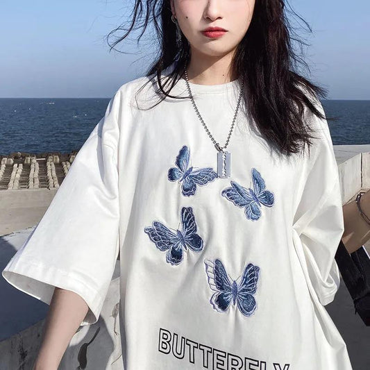 Butterfly Embroidery Letter Printing T-Shirt Solid Cotton Tee Female Casual Short Sleeves Tops