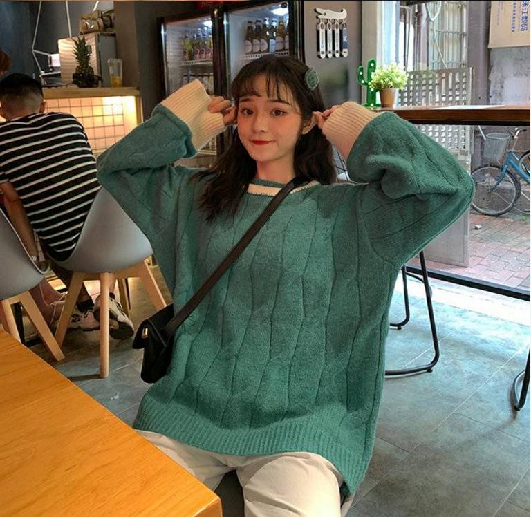Knitted Pullover Sweaters Causal Style Autumn Women's Clothing Panelled Oversize Tops Long Sleeve