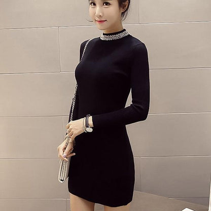 Autumn and Winter Slim Korean Jacket Mid-length Long-sleeved Sweater Bag Hip Knitted Dress