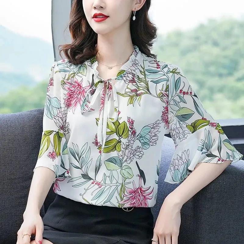 Summer Chiffon Shirt Women's Loose Plus Size Printed Shirt Doll Collar Top