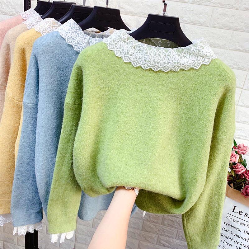 Pofulove Girly Winter Lace Crew Neck Knitwear Skin-friendly High Elasticity Women Pullover Sweater