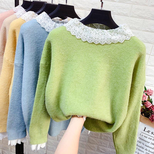 Girly Princess Lace Crew Neck Knitwear Skin-friendly High Elastic Women Pullover Sweater