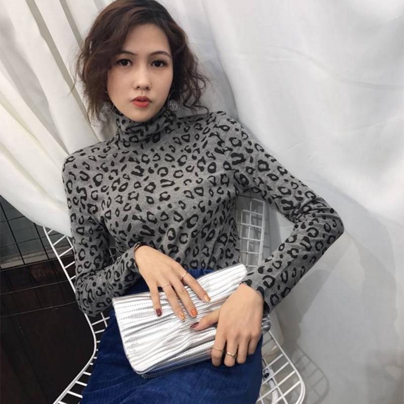 Pofulove Women's Long Sleeve Leopard Warm Slim Wild Thin Plus Fleece Top Turtleneck Bottoming Shirt