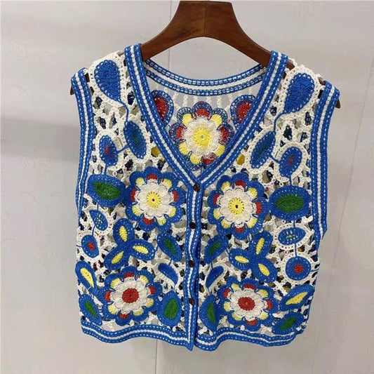 Flower Embroidery Hollow Design Retro Style V-neck Sleeveless Waistcoat Women's Spring and Summer