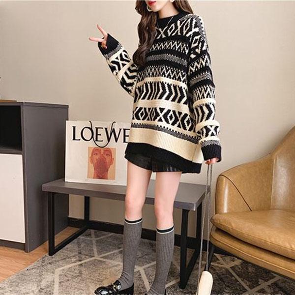 Vintage  Printed Mid-length Thick Sweater Women Loose Casual Knit Sweater Round Neck Pullover Fair Isle Jacquard Sweater