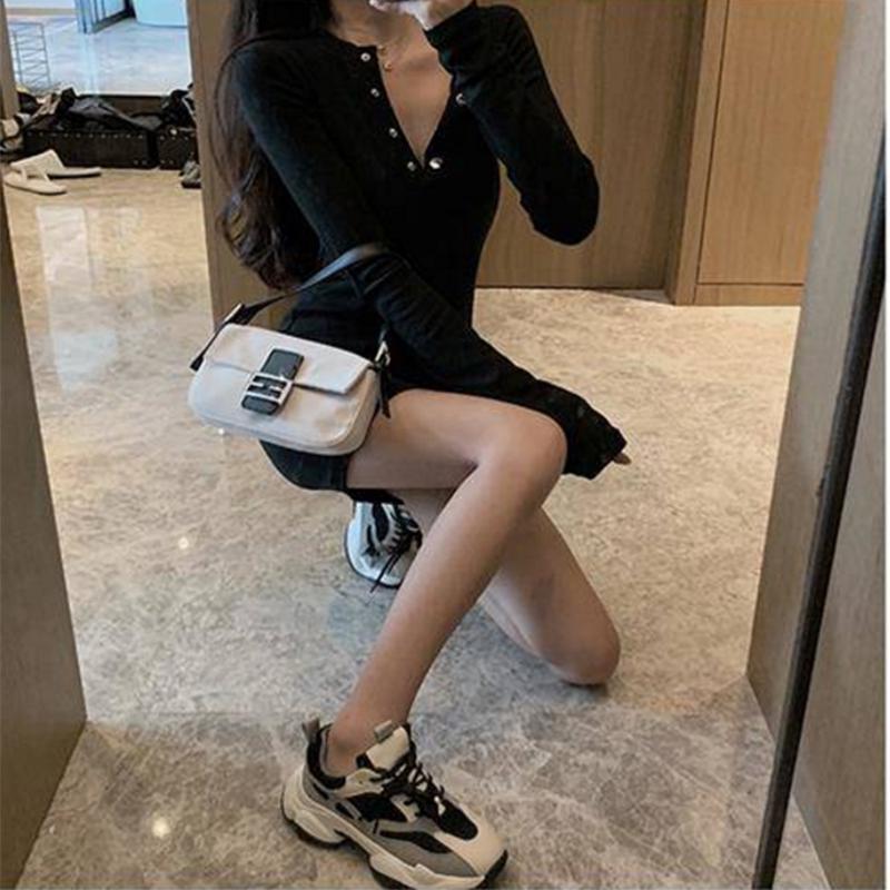 Pofulove Sexy Slim Long-sleeved High Waist Dress Female Temperament Net Red Hip Skirt Was Thin Skirt