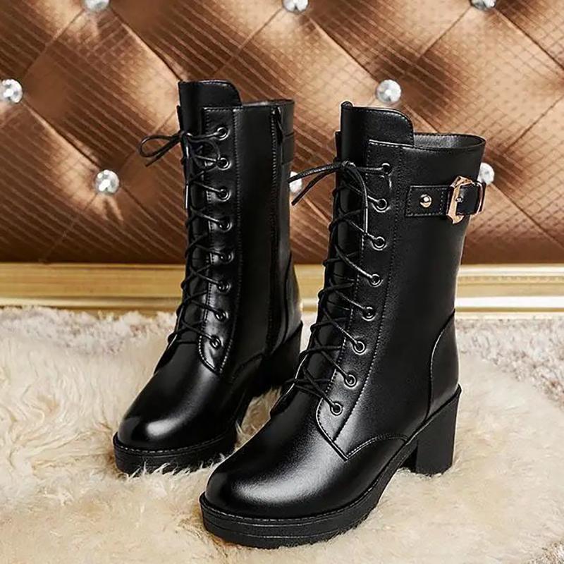 Winter Thick-soled Women's Martin Boots Chunky Heels Mid-boots Plus Velvet Warm Ankle Boots