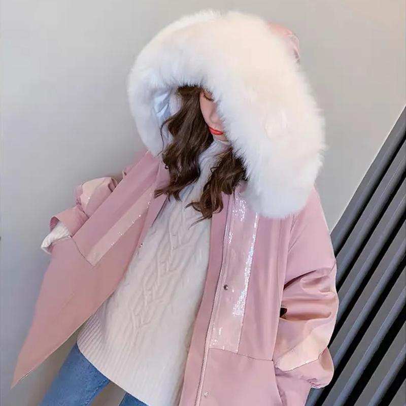 Women's Winter Plus Velvet Thickened Mid-length Coat Sequin Stitching Pie To Overcome Cotton-padded Clothes Wool-collar Loose Warm Jacket