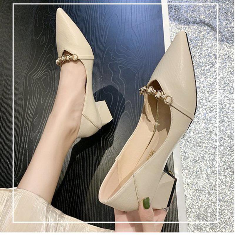 High Heels Women's Thick Heel Spring and Autumn All-match Pointed Toe Fashion Soft Leather Mid-heel Shoes
