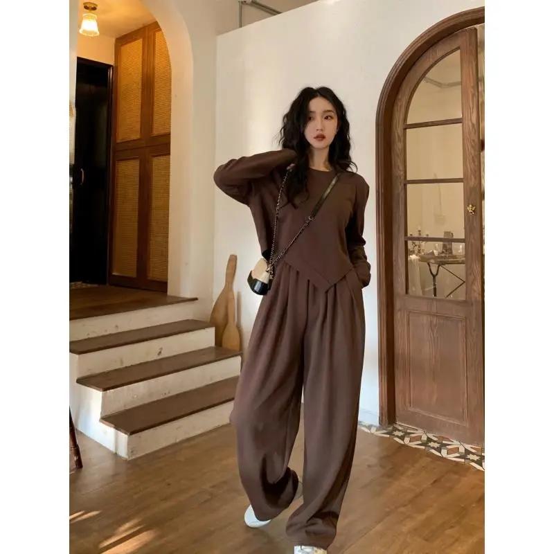 2PCS Retro Suit Women's Autumn and Winter Casual Lazy Wind Sweater + Wide-leg Pants Two-piece Girls Athletic Clothing Loose Sports Jogging Suits