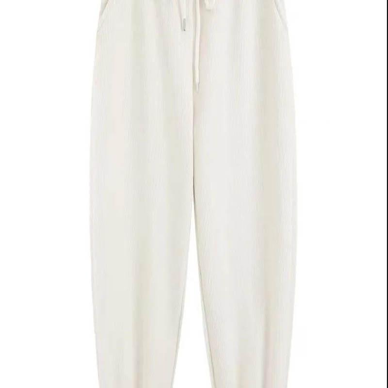 Plus Velvet Beige Sweatpants Women's Loose-fitting Nine-pointed Small Autumn and Winter Pants Thick Casual Straight-leg Harem Pants