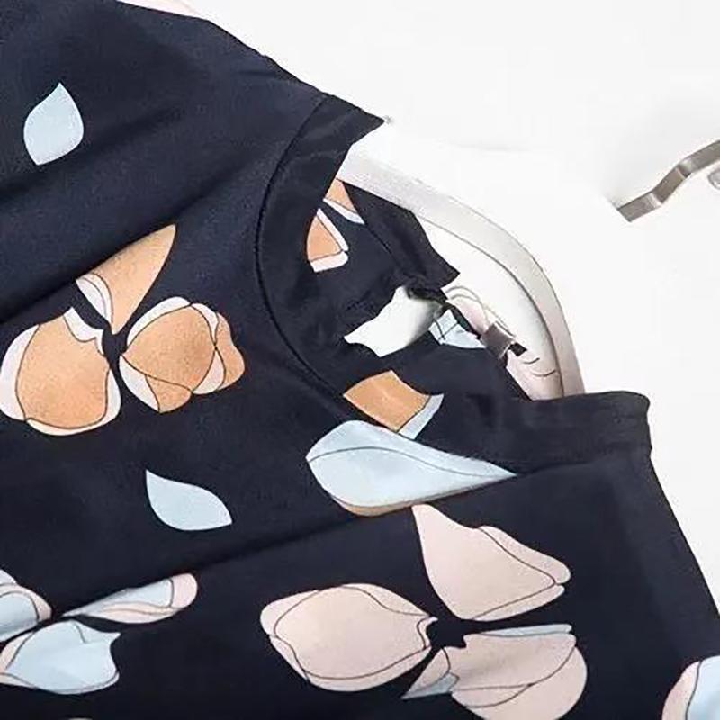 Dress  Women's Clothing Printed Long A-line Dress with Stand-up Collar and Short-sleeved Dress with Belt