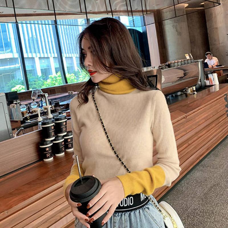 PofuLove Winter Long-sleeved Slim-fit Color-block Turtleneck Reversible Plus Velvet Bottoming Shirt