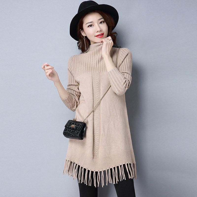 Pofulove Women Long Sweater Dress Long Section Turtleneck Tassel Pullover Base Knitted Blouse