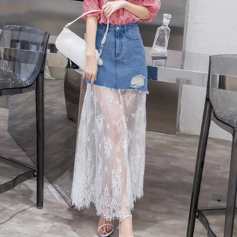 European and American Bag Hip Mesh Fashion Long Skirt Women's High Waist Denim Bias Cut Lace Stitching Skirt