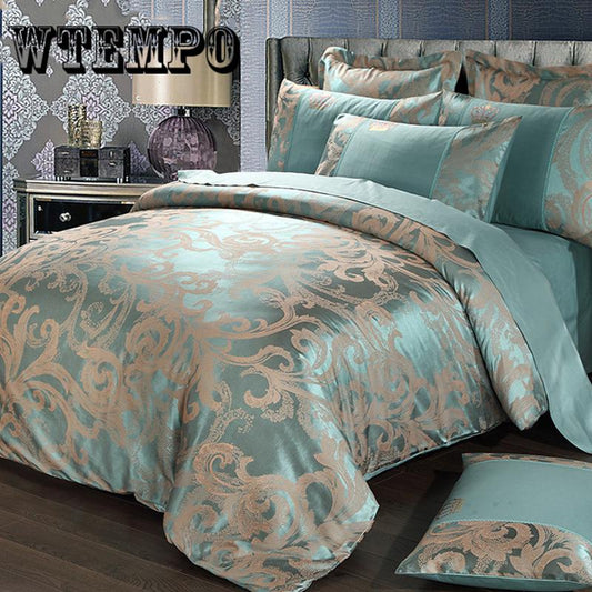 4pcs Wedding Style Luxury  Jacquard Bedding 100%cotton Embroidered Pillowcase  King/queen Size Duvet Cover Set
