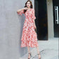 Women's Summer Short Sleeve Long Floral Dress Slim A-line V-neck Skirt