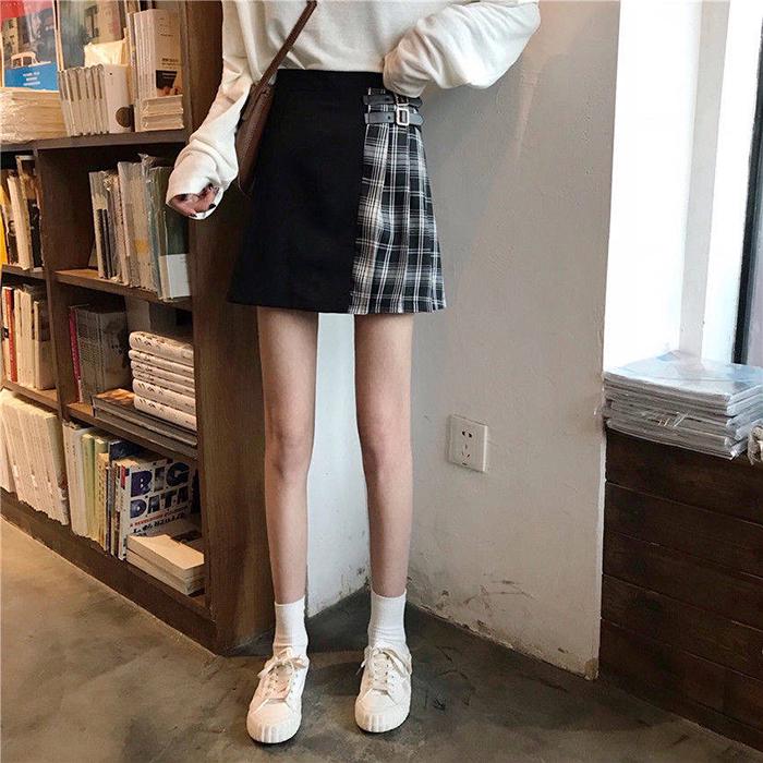 M-4XL Women Large Size High Waist Irregular Skirt Plaid Pleated Skirt Anti-light Thin A-line Skirt