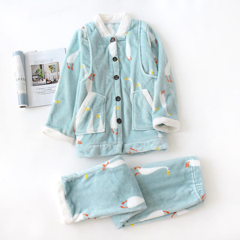 Autumn Winter Flannel Pajamas Suits Thick Warm Velvet Sleepwear Set Coral Fleece Cartoon Cute Home Wear Loose Casual Front Button V Neck Long Sleeve