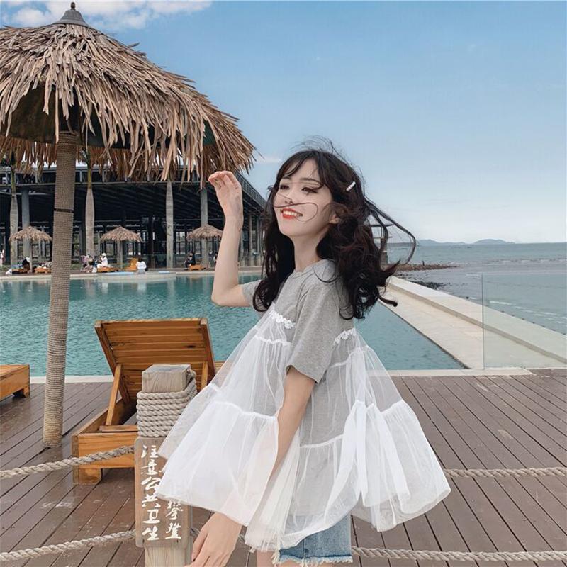 Short-sleeved Female Student Korean Loose T-shirt Summer Sweet Stitching Mesh T-shirt Round Neck Girlfriends Outfit