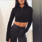 WTEMPO Long Sleeve Zipper Boss Elasticity Sexy Short Top + Five-point Shorts Casual Sports Suit Navel Two-piece Suit