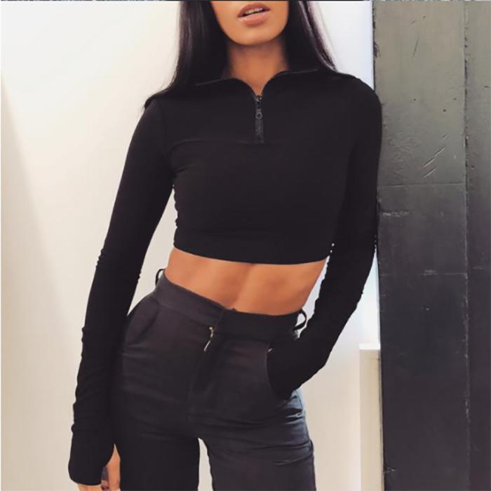 WTEMPO Long Sleeve Zipper Boss Elasticity Sexy Short Top + Five-point Shorts Casual Sports Suit Navel Two-piece Suit