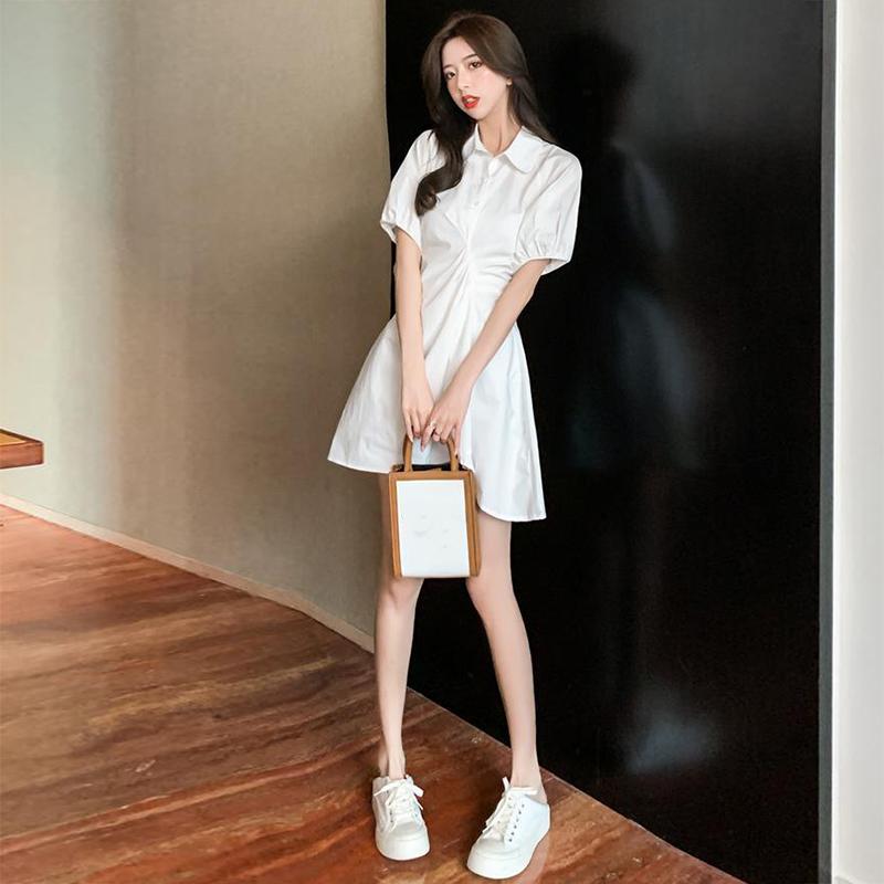 Summer Solid Color Temperament Puff Sleeve Pleated Short Sleeve Design Shirt Dress