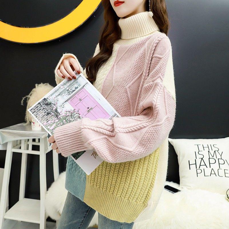Autumn/winter Turtleneck Sweater Women Loose Thick Warm Color Block Sweater Coat Outer Wear Knit Jumper Pullover