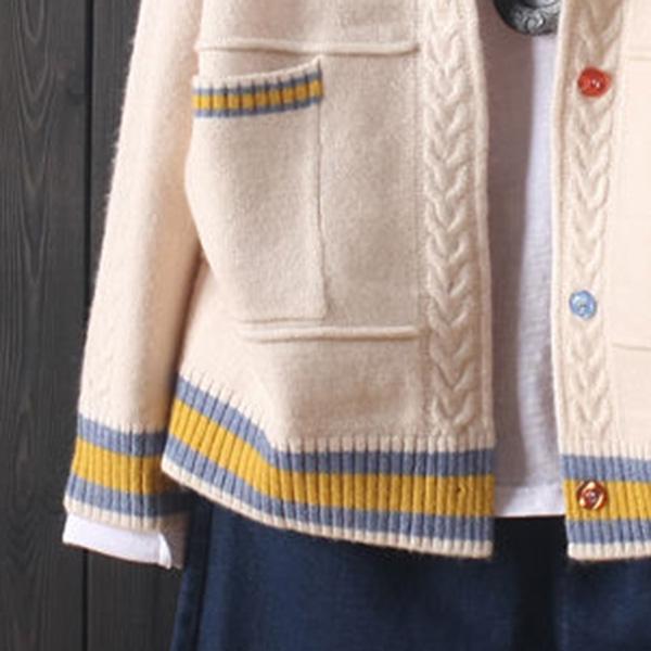 Women's Splicing Color Long-sleeved Sweater Early Autumn Hooded Knitted Cardigan Loose Button V-neck Top All-match