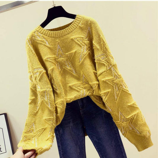 Stars Print Sweaters Tunic Women Casual Round-neck Loose Long Sleeve Knitted Top Autumn Winter Female Jumper Pullovers