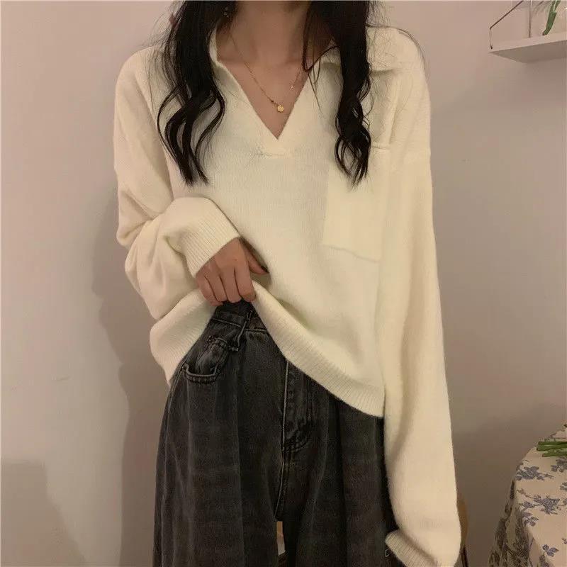Autumn and Winter Students Lazy Wind V-neck Long-sleeved Sweater Loose Outer Wear Pullover Sweater Women